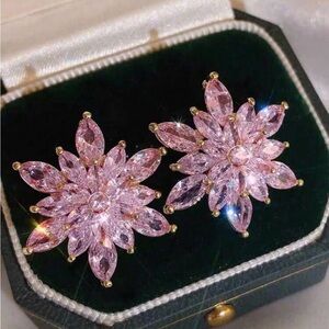 Elegant Pink Crystal Flower Stud Earrings - Women Jewelry